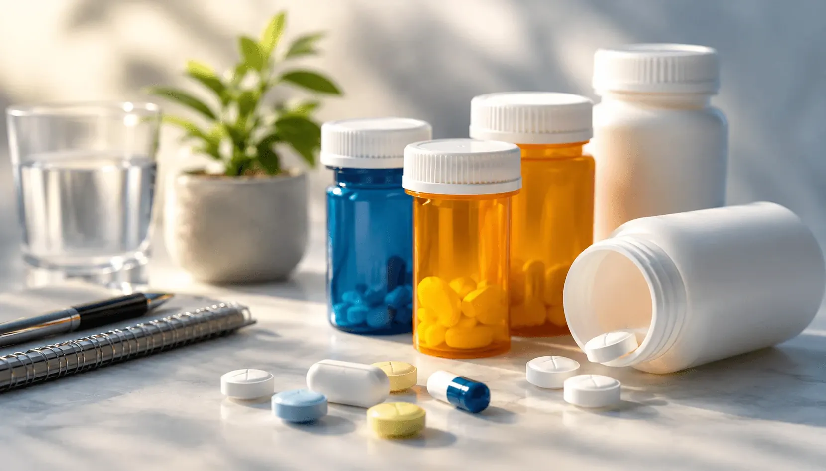 Prescription medication bottles and tablets arranged for medication management