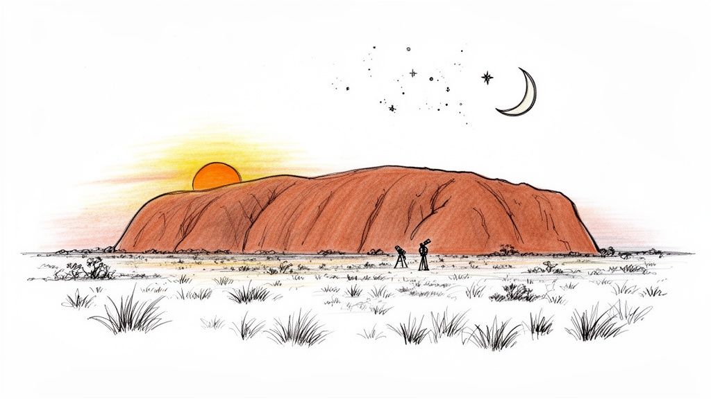 Vibrant illustration of Uluru (Ayers Rock) at dawn and dusk, with telescopes and celestial bodies.
