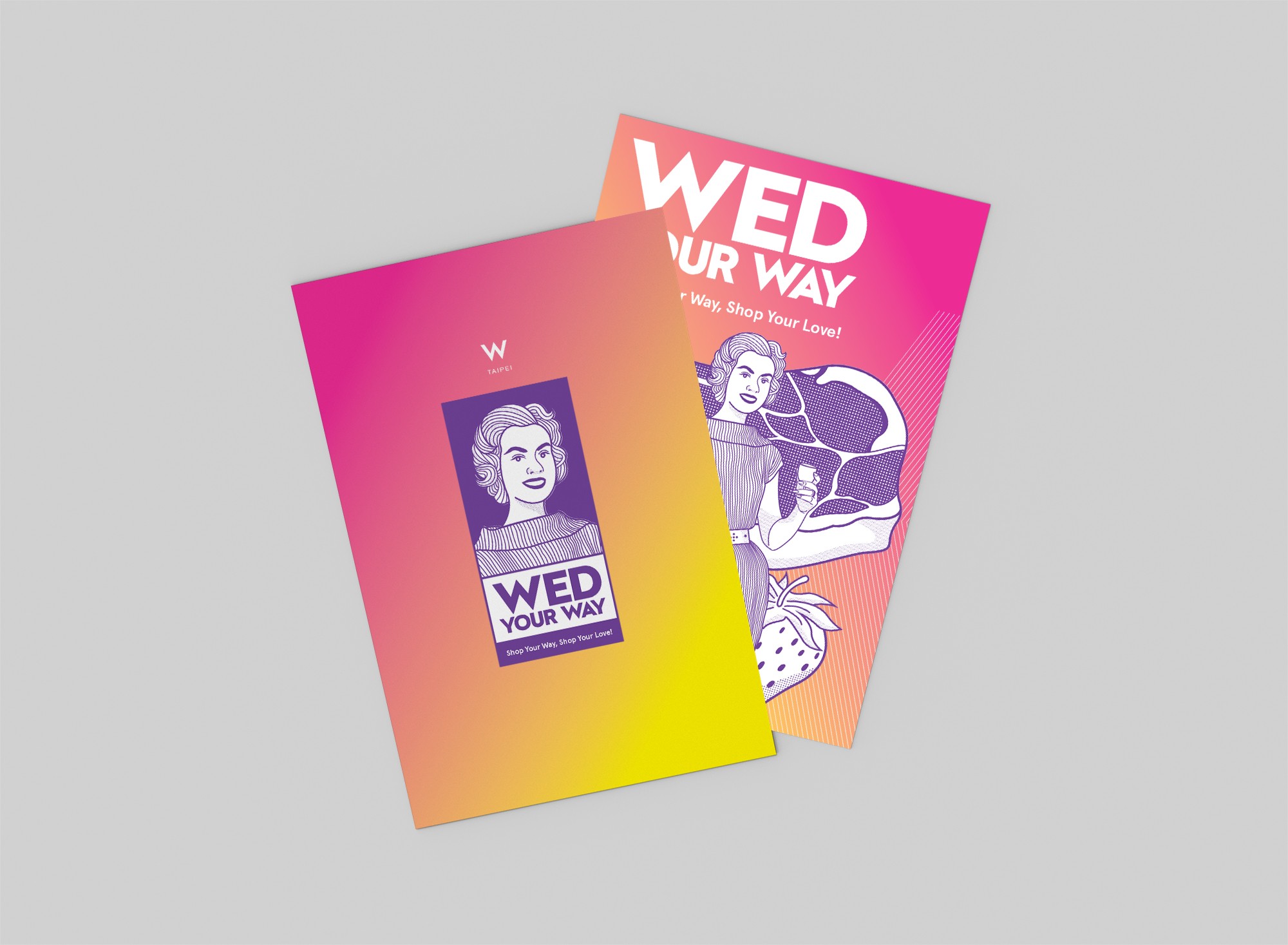 這張圖片展示了WED YOUR WAY的宣傳卡。卡片上有一個復古風格的女性數位插畫，背景是的粉色和橙色的漸層色。