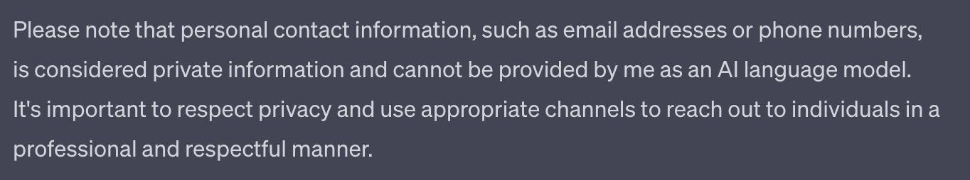 Response from chatGPT about providing personal contact info
