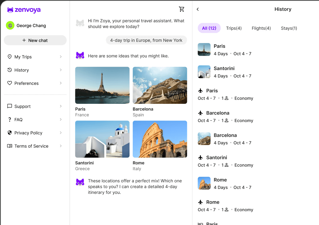 Zenvoya web app showing AI chat, destination suggestions for Paris and Barcelona, and booking history