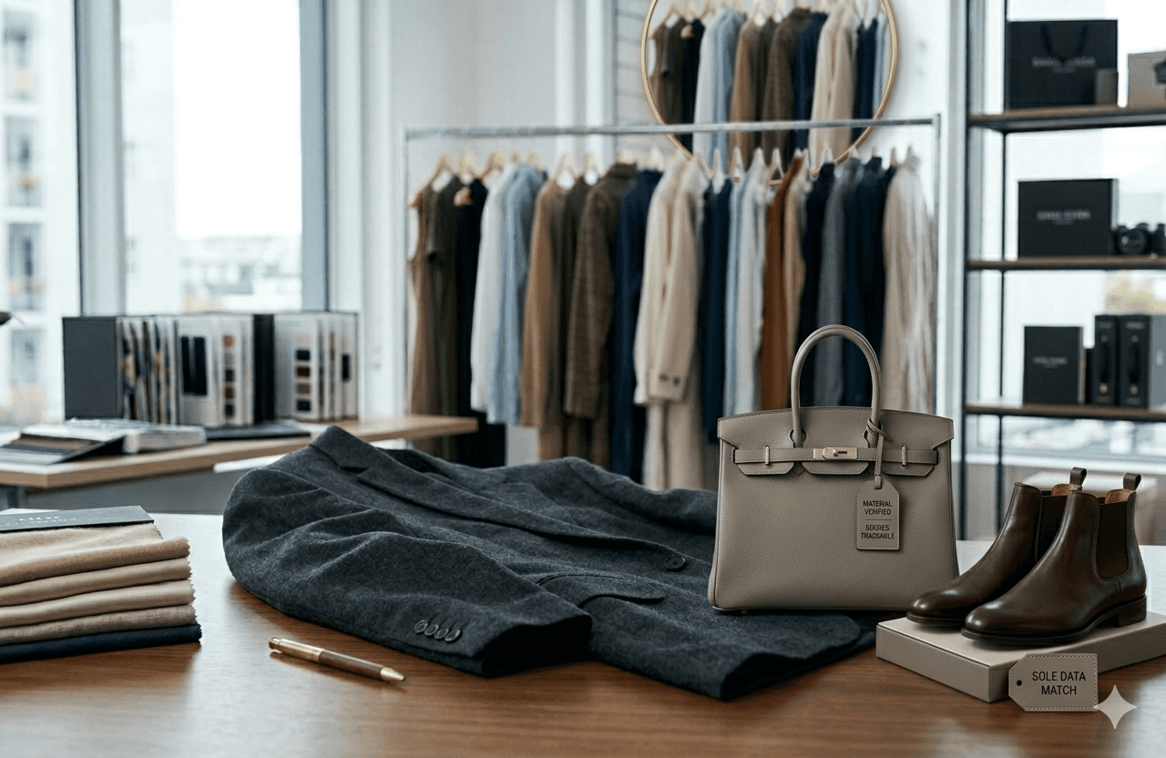 A luxury fashion studio with a grey coat, leather handbag, and boots on a desk for inspection.