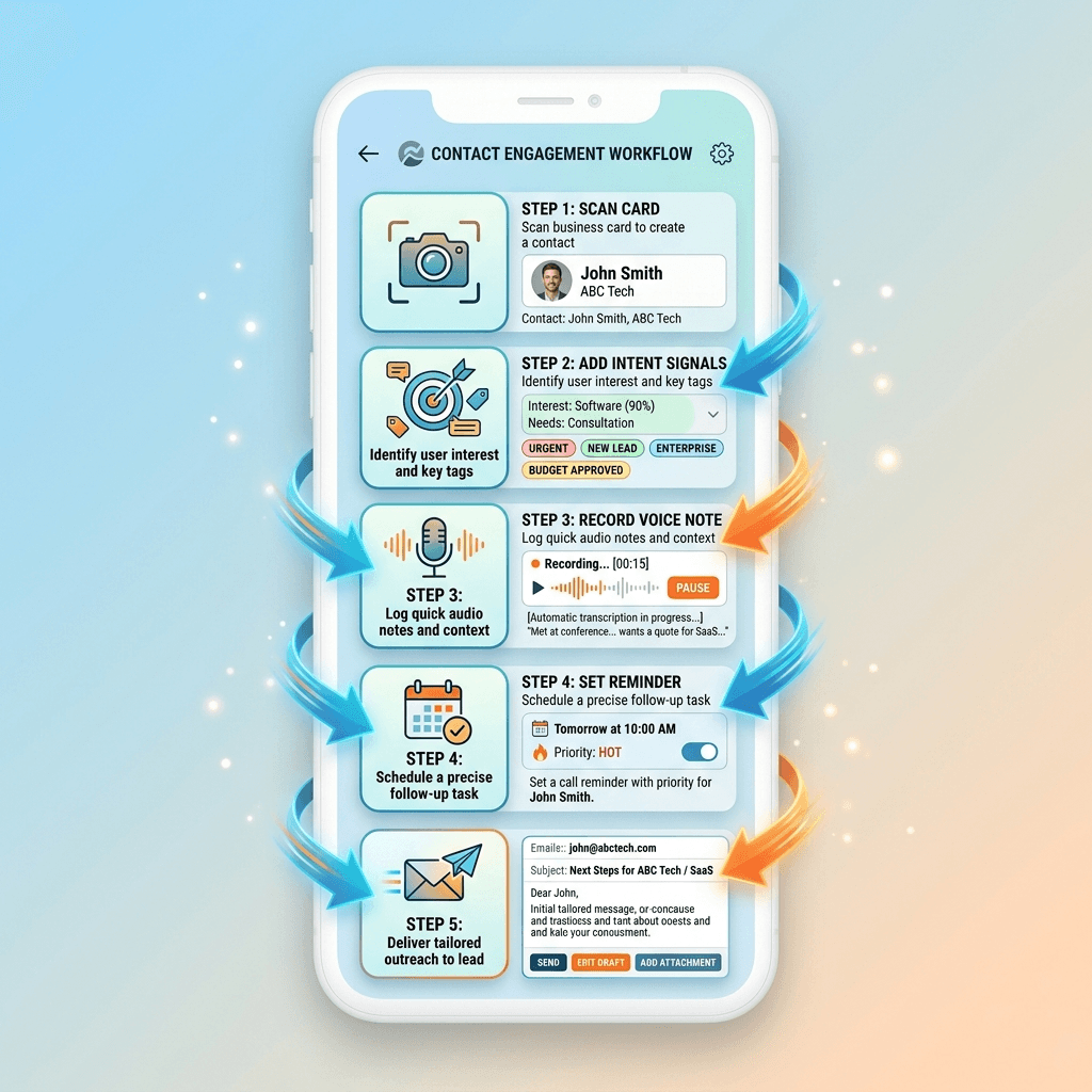 End-to-end contact capture and follow-up workflow inside one app, Habsy Business Card Manager