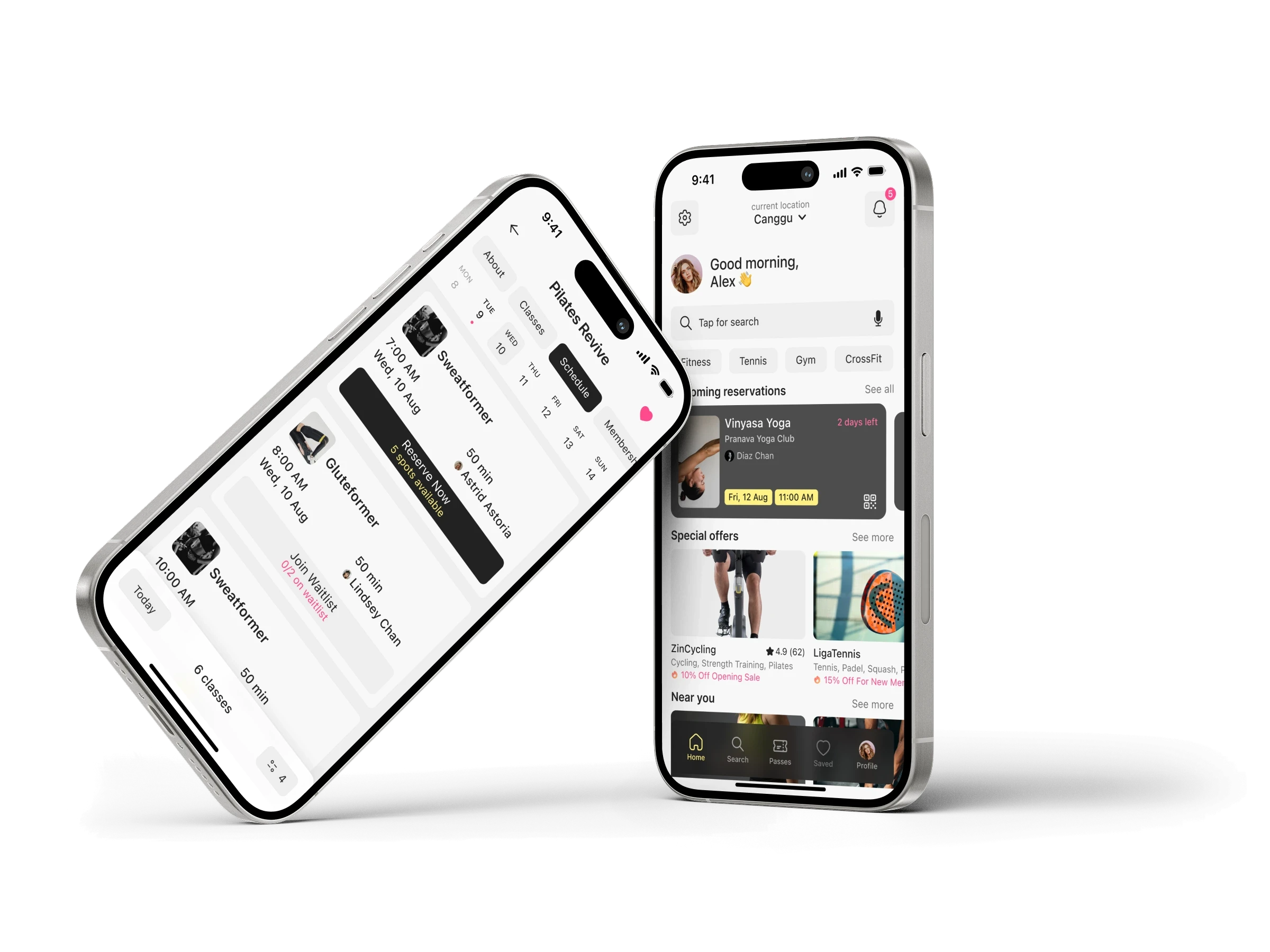 Spotr mobile app interface showing sports facility search and booking