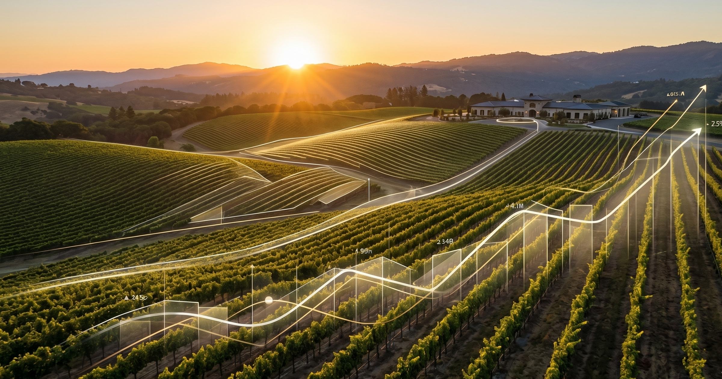 a sprawling vineyard at sunrise with graphs signalling wine market recovery
