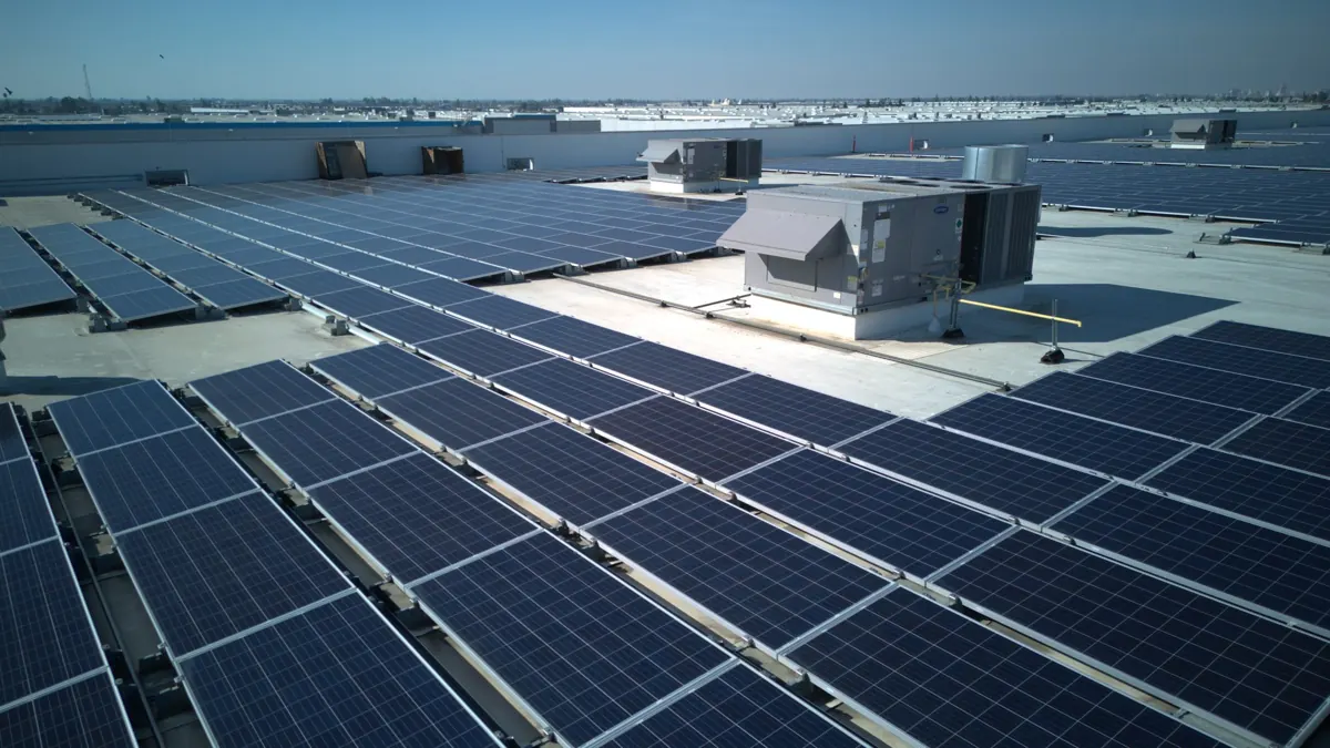 Drone view of rooftop solar on the FAT1 Amazon building in Fresno, CA