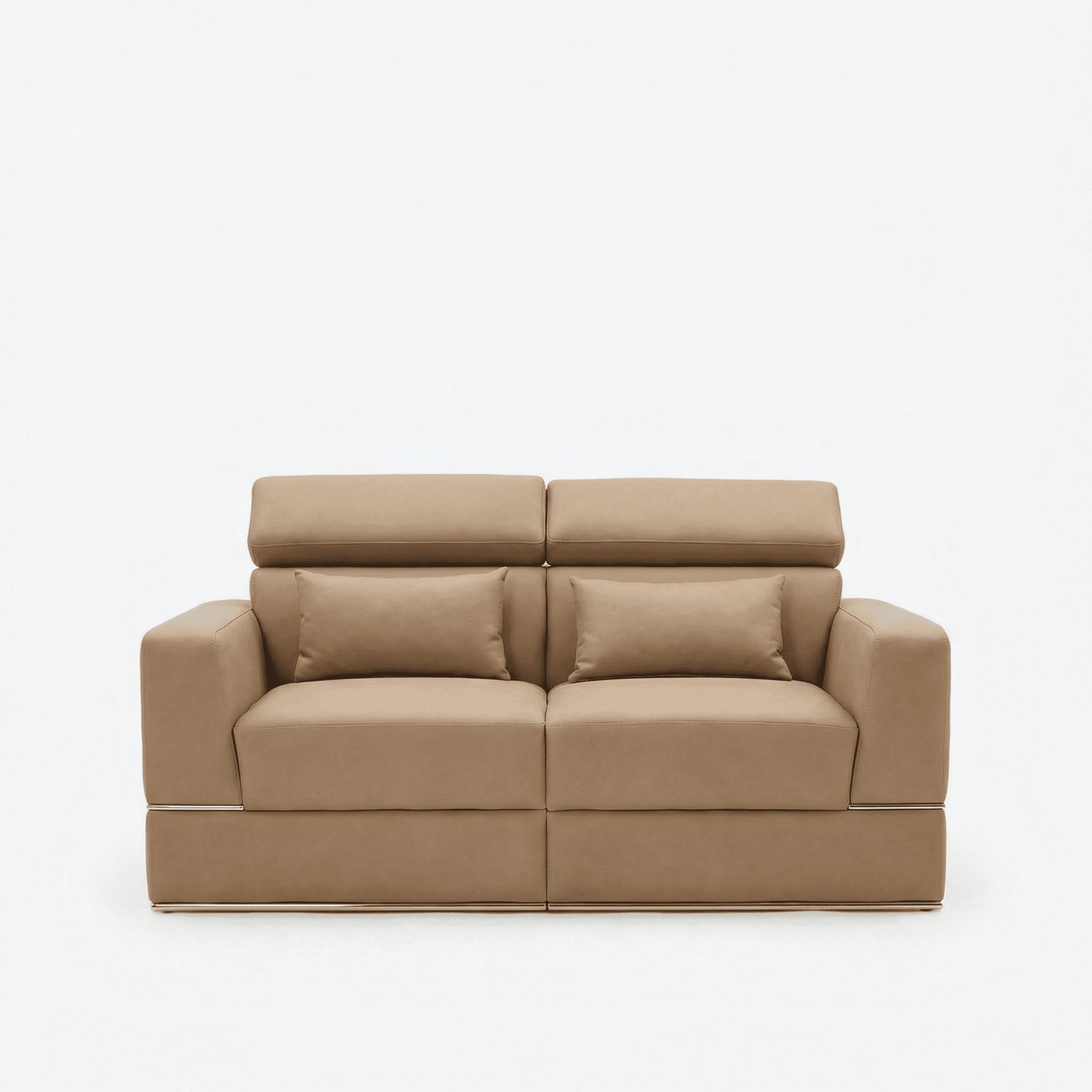 Tan upholstered seating with adjustable headrests and low metal base