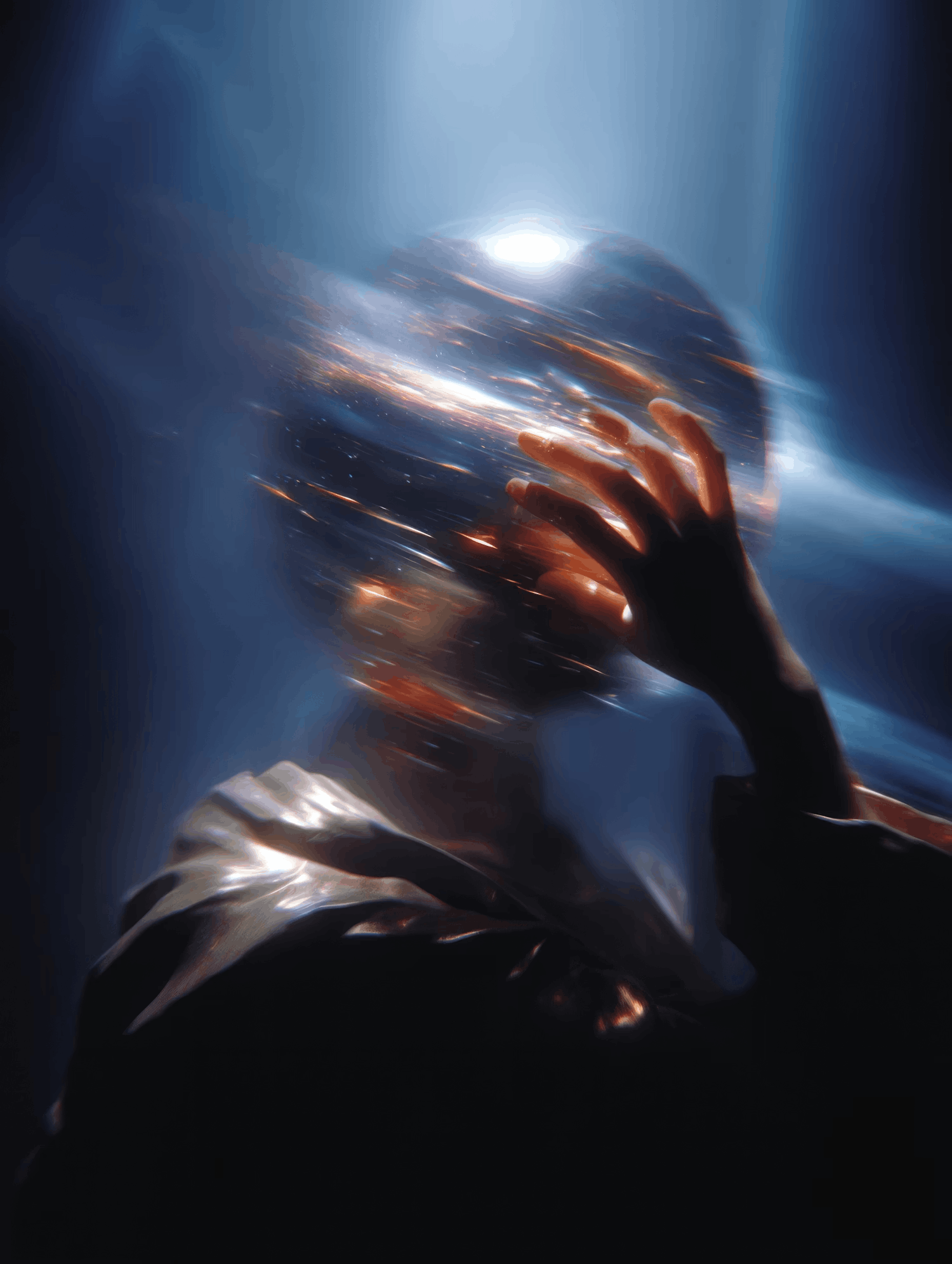 Abstract figure with a head of streaking light and an outstretched hand.