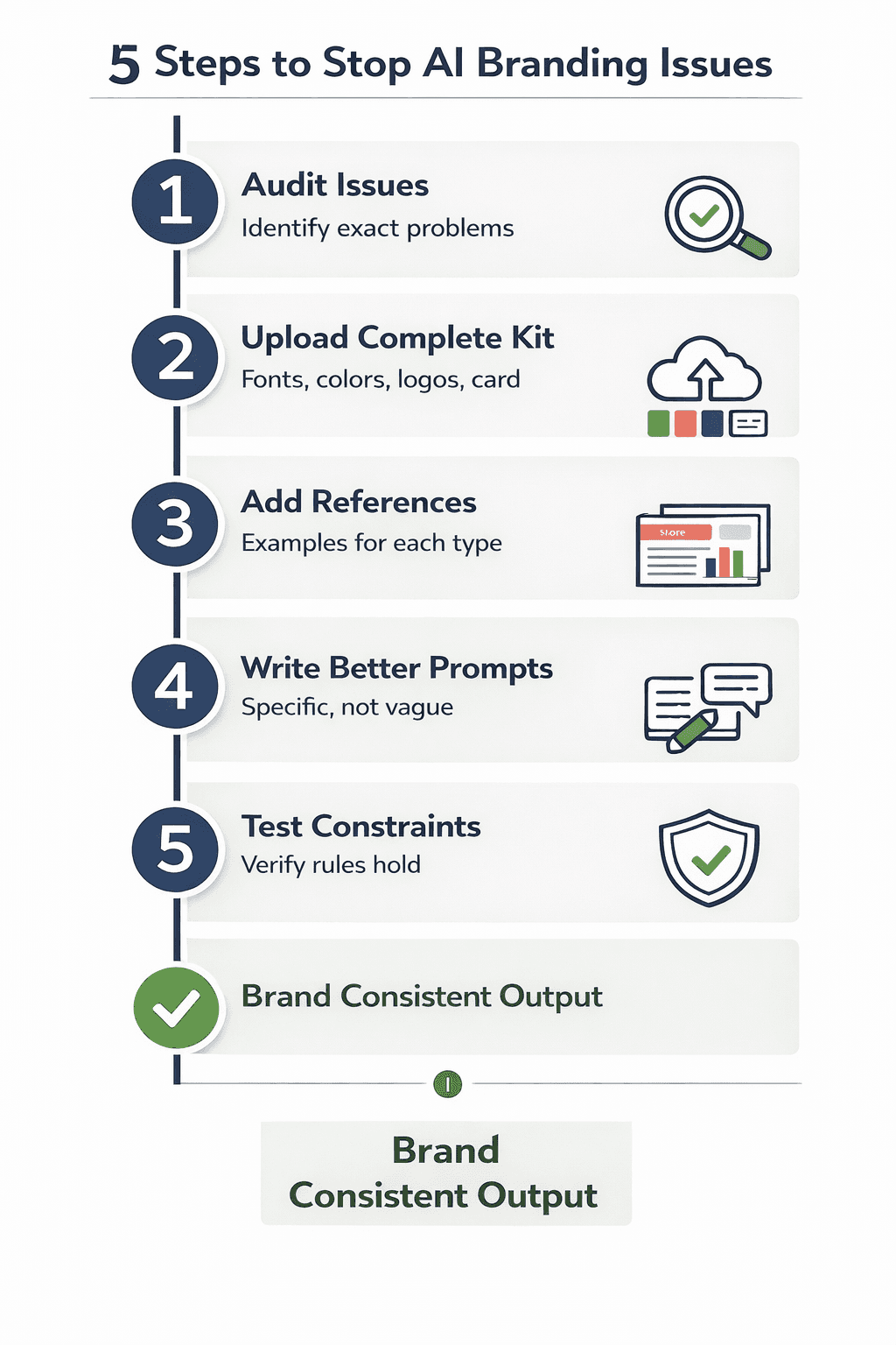 Five-step vertical process showing how to fix AI branding: audit specific issues, upload complete brand kit, add reference slides, write specific prompts, and test that constraints hold during editing