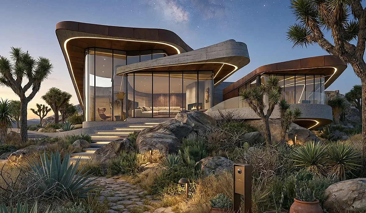 ai Googie futuristic arizona style funky home with curved roof lines.