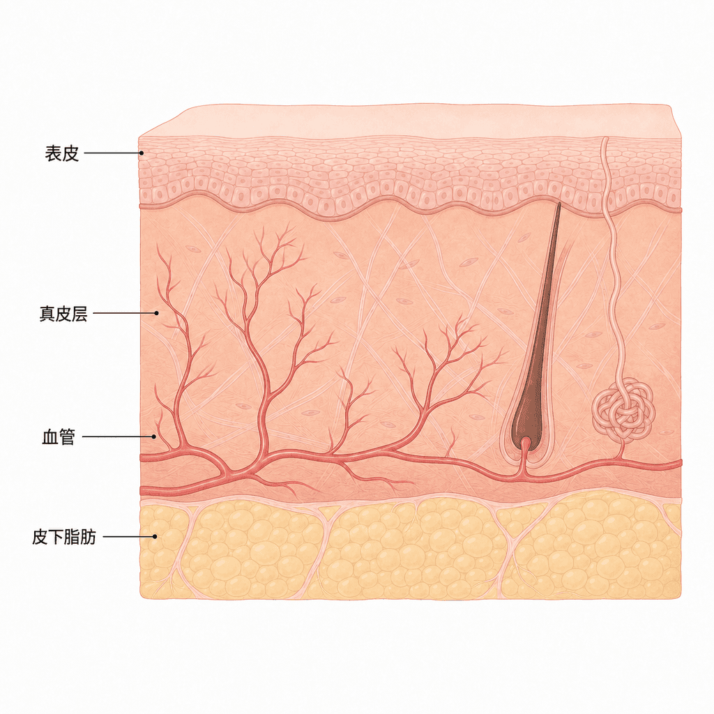 受热后扩张的真皮层血管
