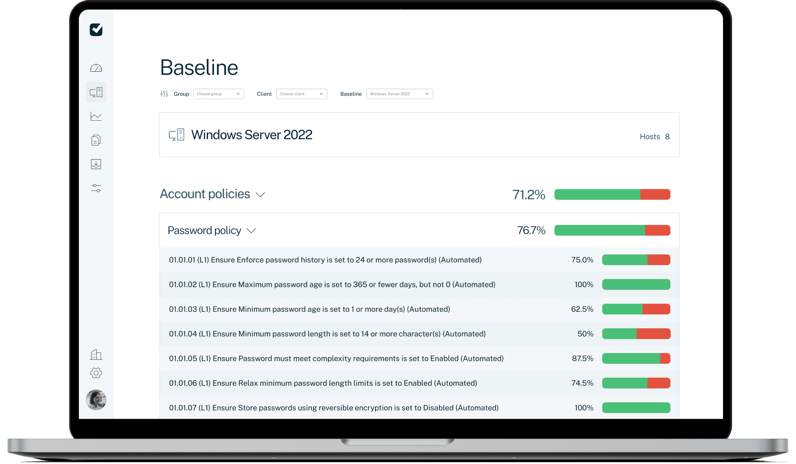 Hardening dashboard overview that allows monitoring critical IT controls effortlessly and provides valuable insights.