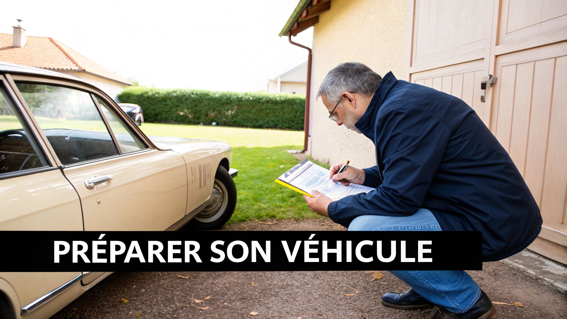 Un homme vérifie des documents sur un presse-papiers, accroupi près d'une voiture ancienne beige.