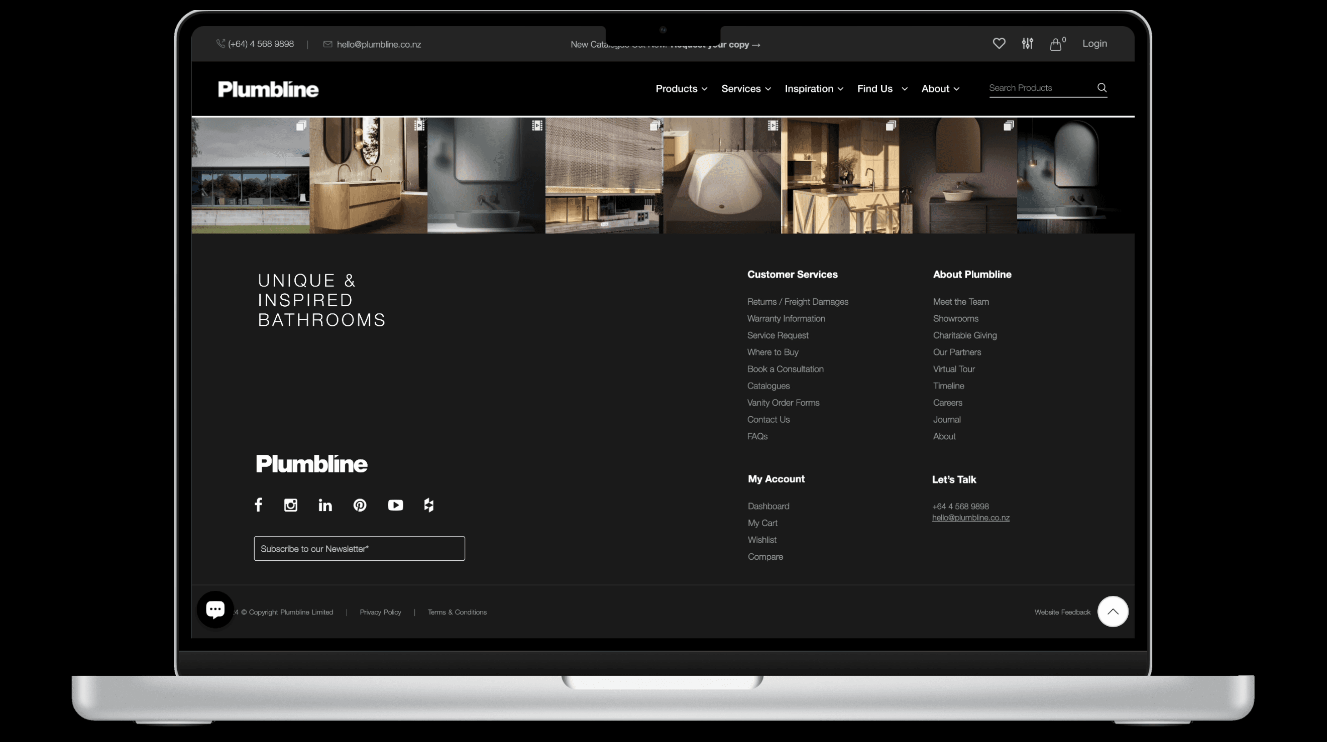 Footer of a Plumbline homepage design in a laptop mockup