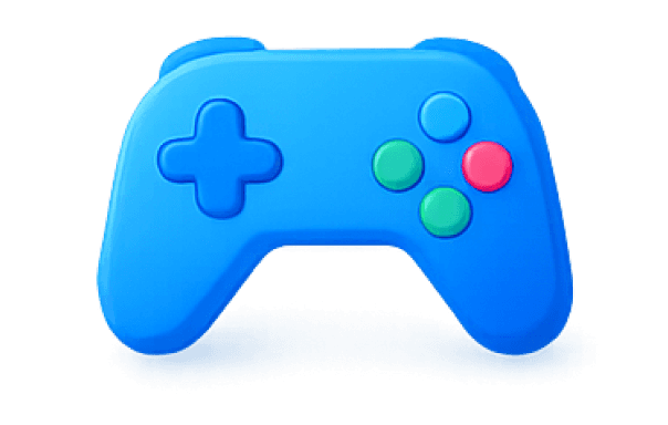 3D stylized blue video game controller icon with colorful buttons, isolated on a soft gray background.