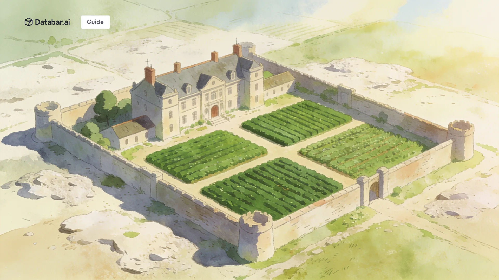 ABM data enrichment, illustrated as a walled estate where a few plots are intensively cultivated and the surrounding land lies rough