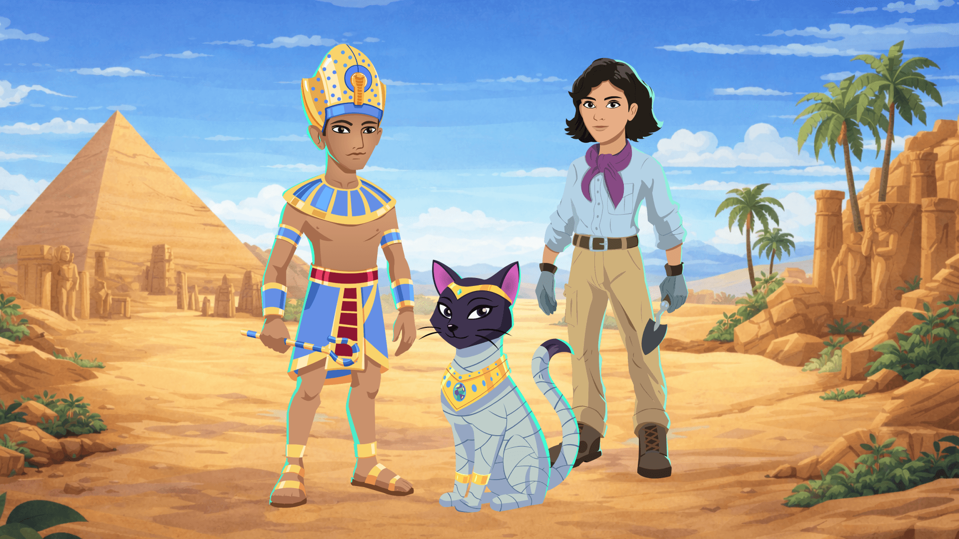 Cartoon characters - an Egyptian king, an archaeologist and a chat - against a backdrop of pyramids and palm trees