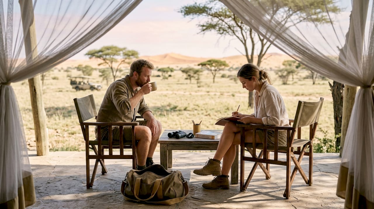 Couple relaxing at luxury safari lodge terrace
