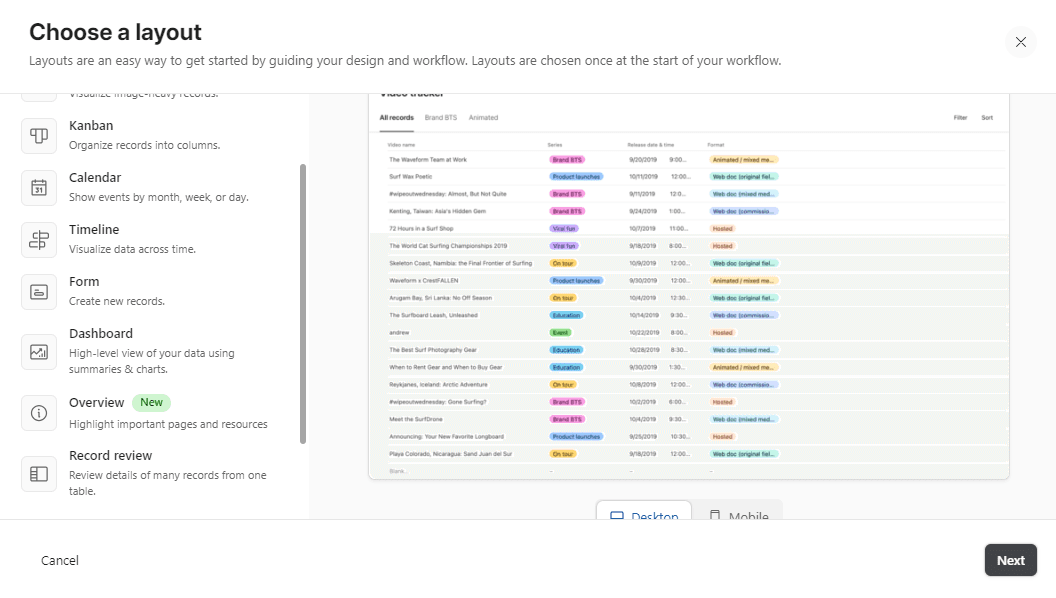 Airtable layout with all the options you can use to customize your app’s interface.