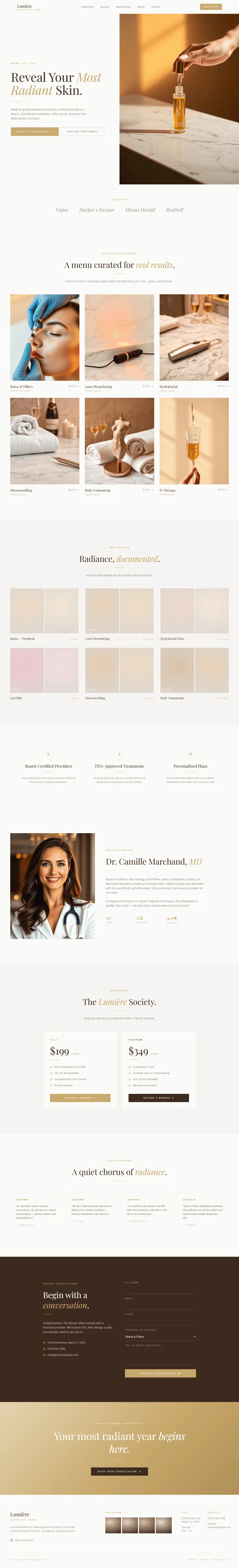 Full med spa website design: editorial hero, treatments, membership tiers, results