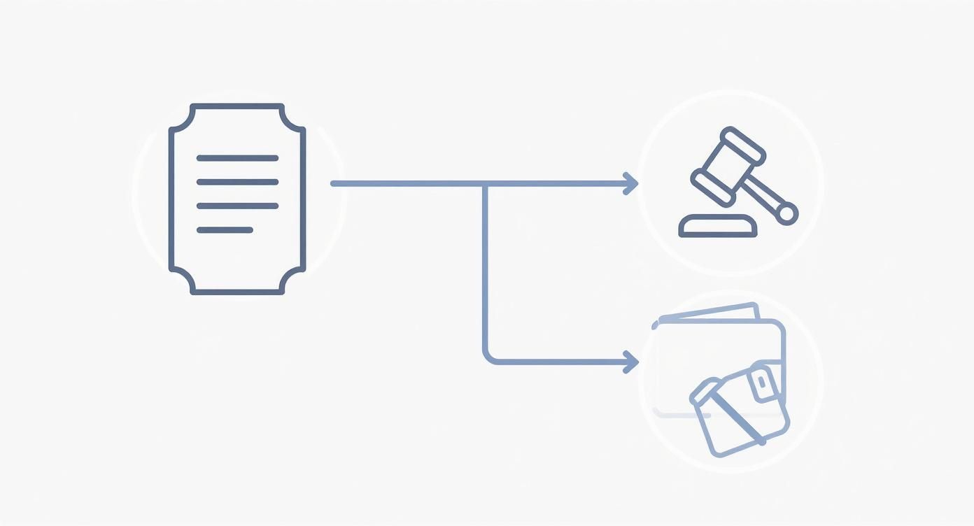Diagram showing a ticket or legal document branching into a court gavel and a wallet, representing legal and financial outcomes.