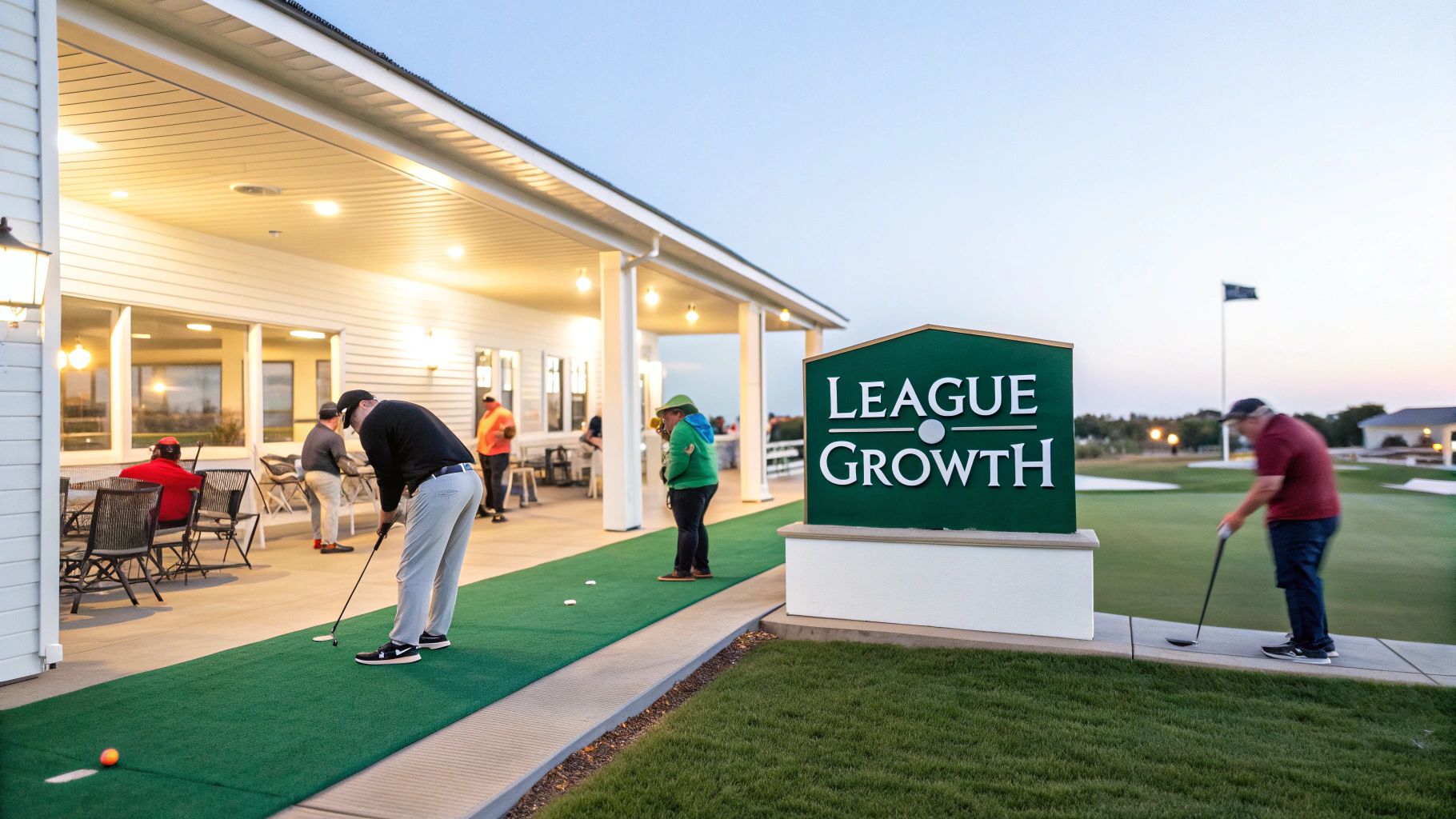 People practicing golf putting and socializing at a golf facility with a