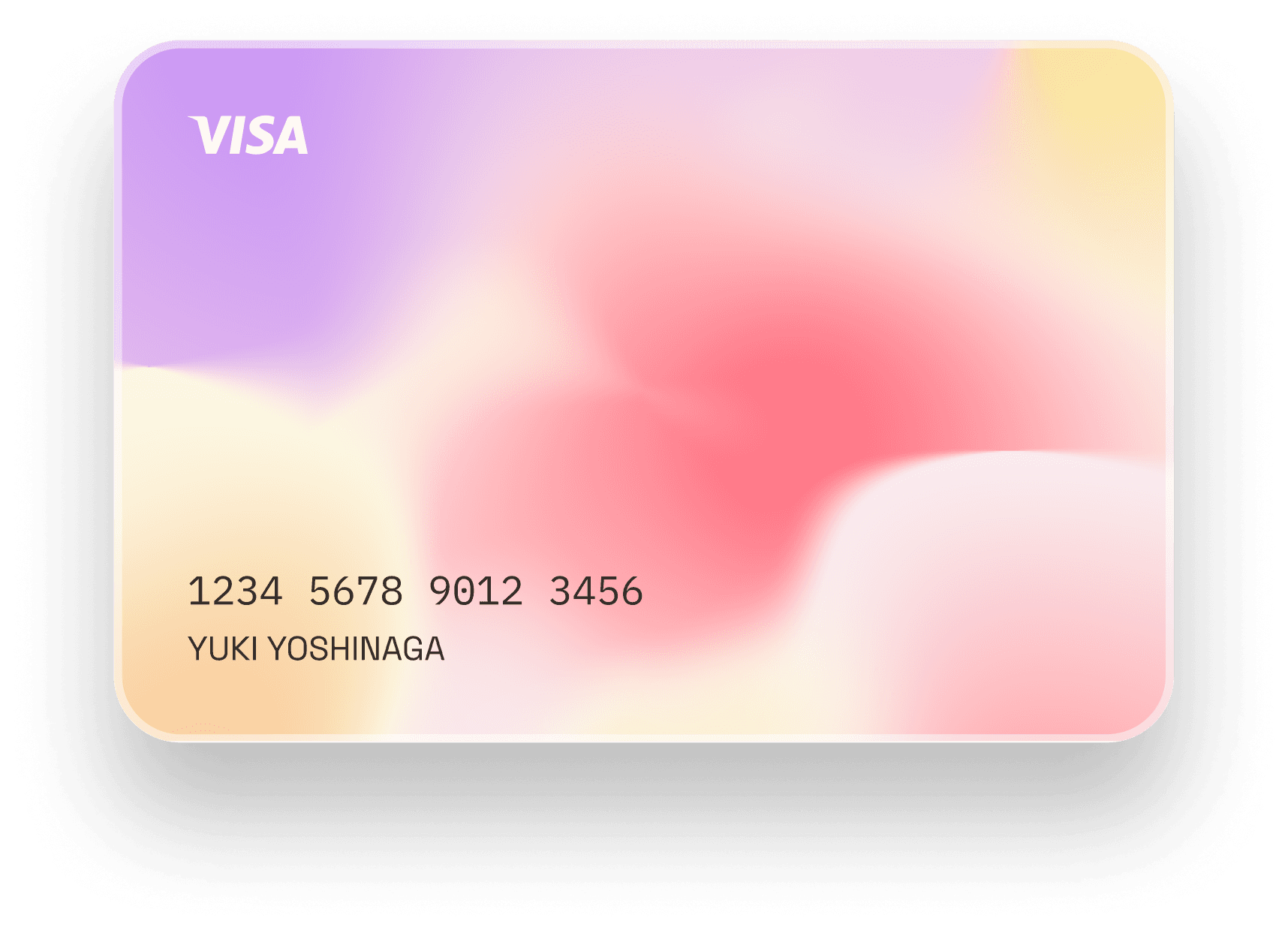 Visa credit card with gradient pastel design in purple, pink, and yellow, displaying sample card number and cardholder name.