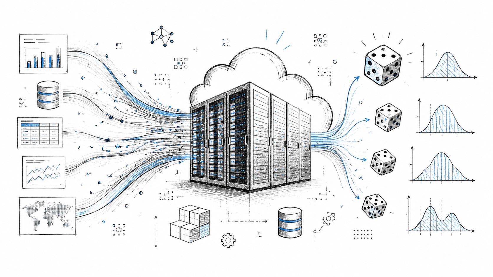 Conceptual illustration showing data inputs being processed by servers into Monte Carlo simulations and probability distributions.