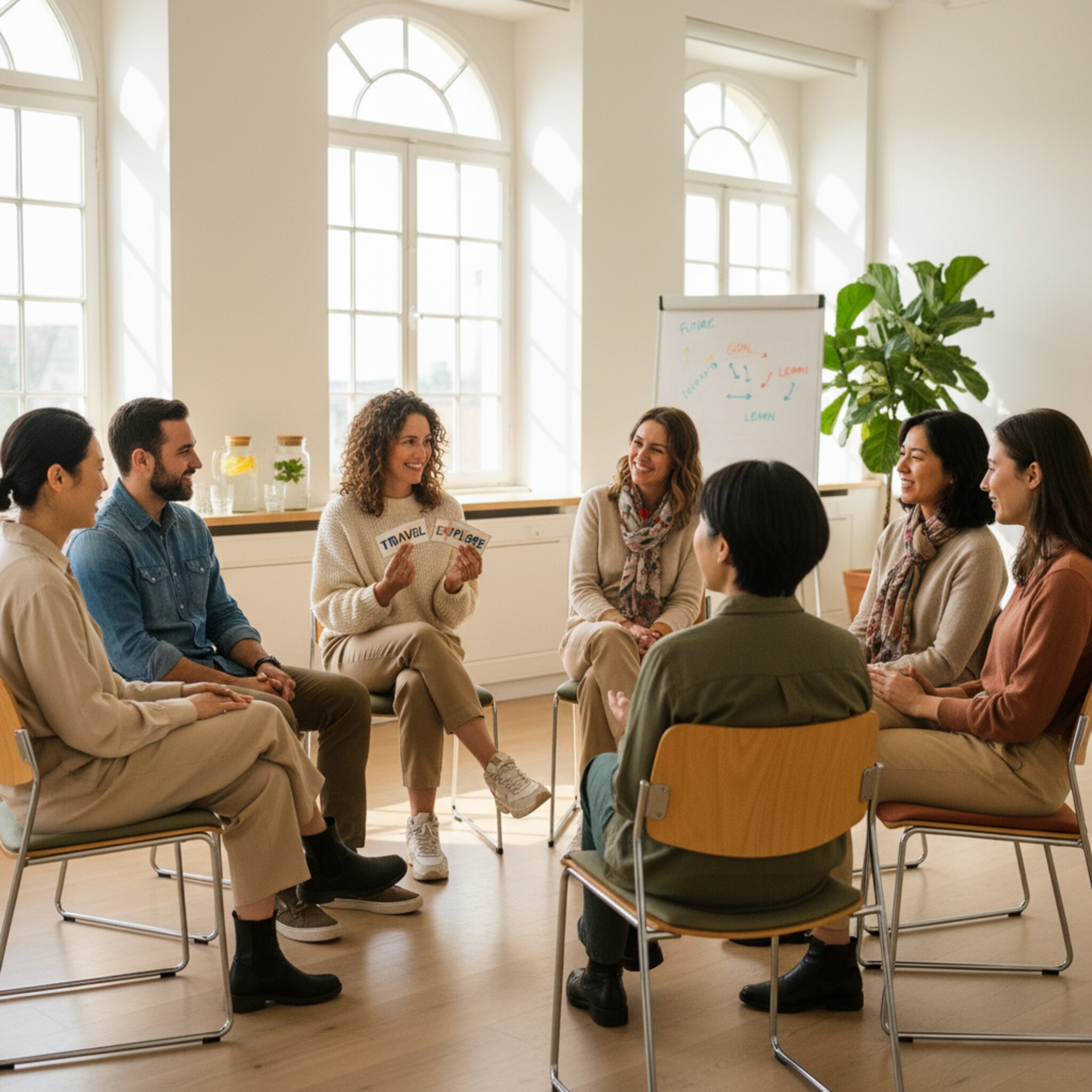 Ein Stuhlkreis in einem hellen Raum, Stimmen mischen sich zu Lachen. Ein Teilnehmer hält kleine Karteikarten hoch, die anderen antworten im Takt. Auf der Fensterbank stehen Wasserkrüge und Gläser. Das Licht ist weich, die Atmosphäre offen und motivierend.