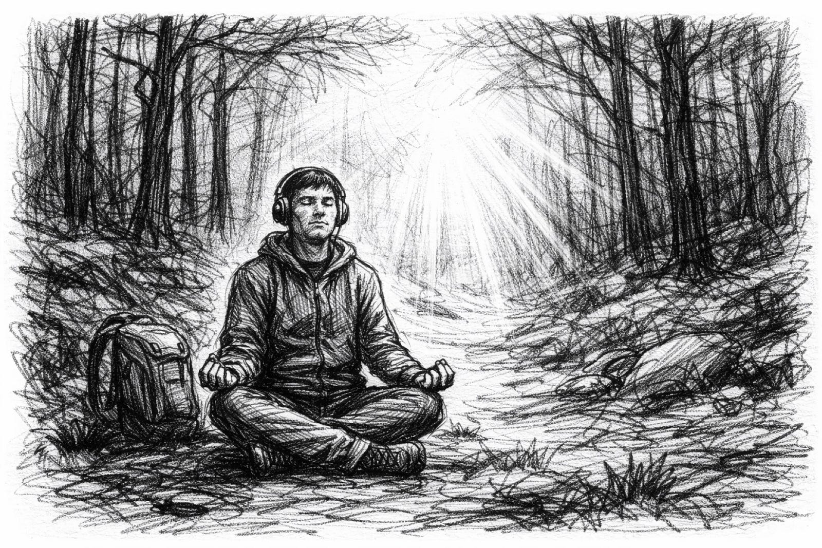 Black and white sketch of a man sitting cross legged in the forest, wearing headphones and meditating, with light filtering through the trees to suggest calm and reflection.