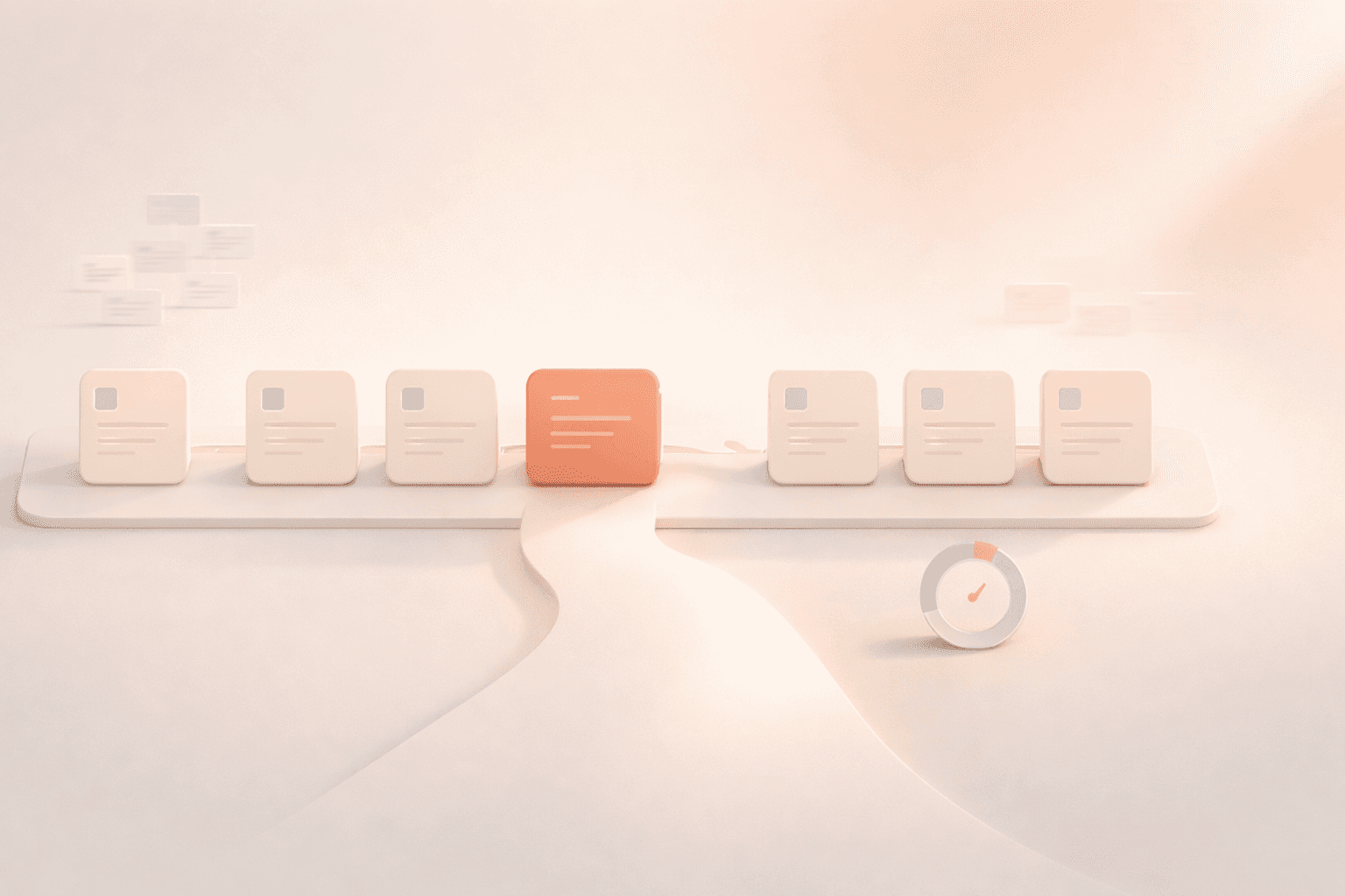 Minimalistische 3D-Illustration eines gebündelten Arbeitsablaufs: Eine korallfarbene Fokuskarte führt eine Gruppe ähnlicher, hell dargestellter Aufgabenkarten entlang eines klaren Pfads, während im Hintergrund verblassende Elemente frühere Unterbrechungen darstellen. Ein kleiner Timer-Ring symbolisiert effizientes Arbeiten, eingebettet in ein warmes, cremefarbenes Farbschema mit weichen Schatten.