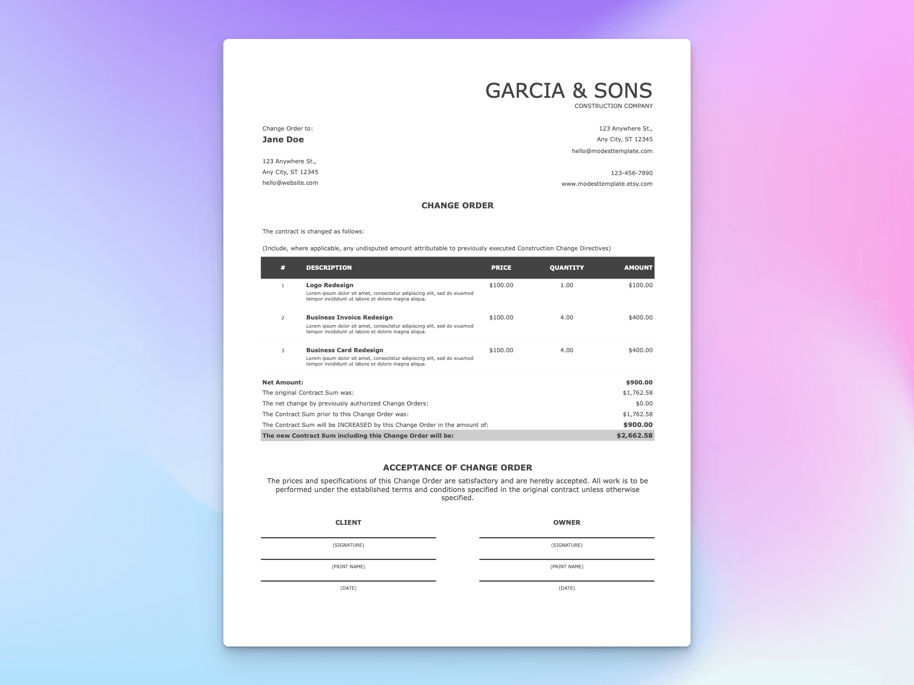 Change Order template showing editable project revisions and updated contract totals in a clean, professional layout.