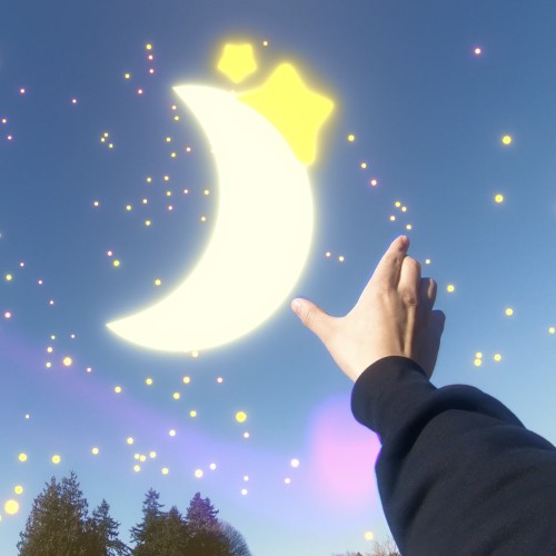 Photo of a blue sky, a cartoon moon illustration, and a hand making a pinching gesture