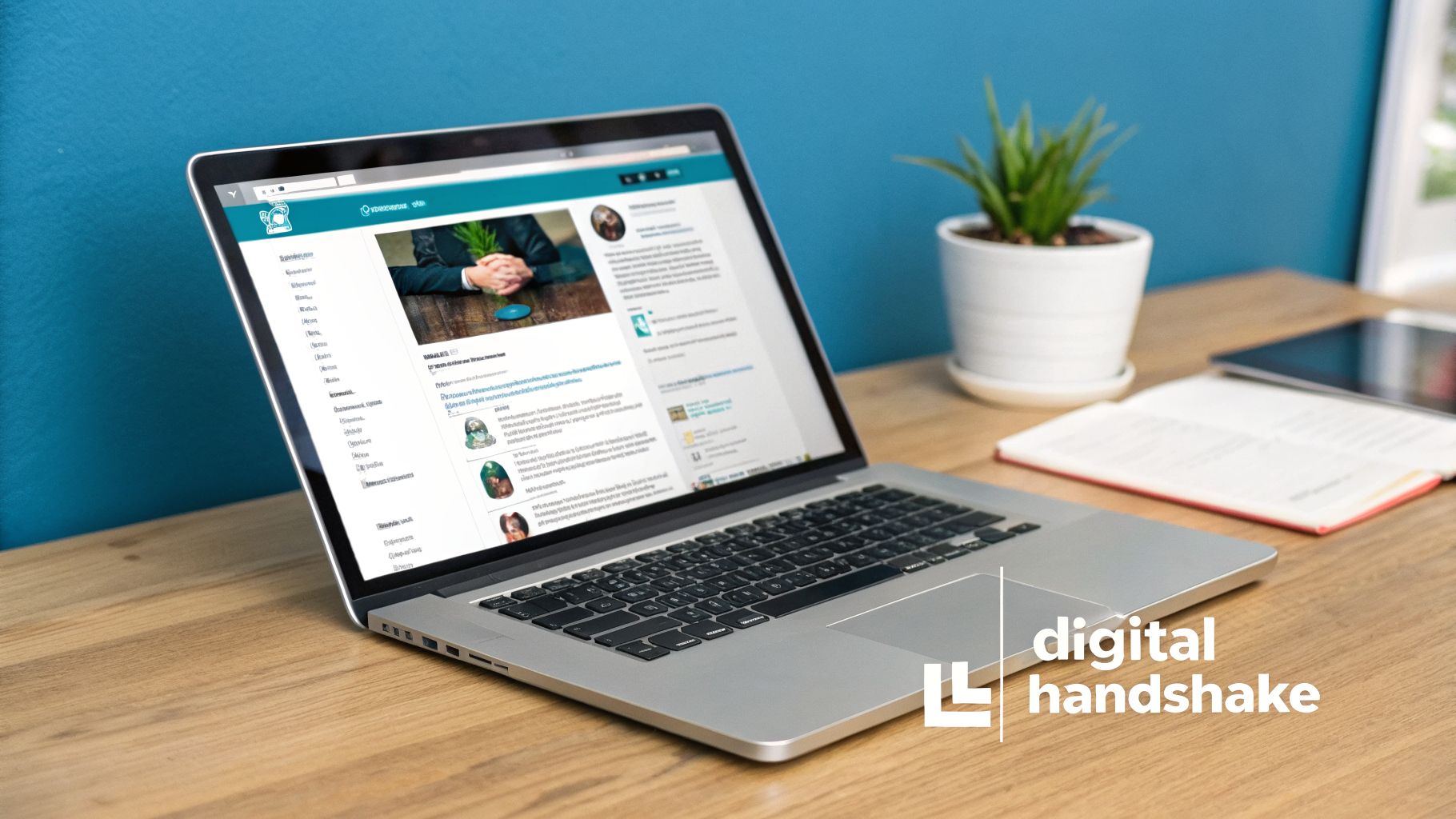A modern laptop on a wooden desk displays a professional networking profile, alongside a plant and notebook.