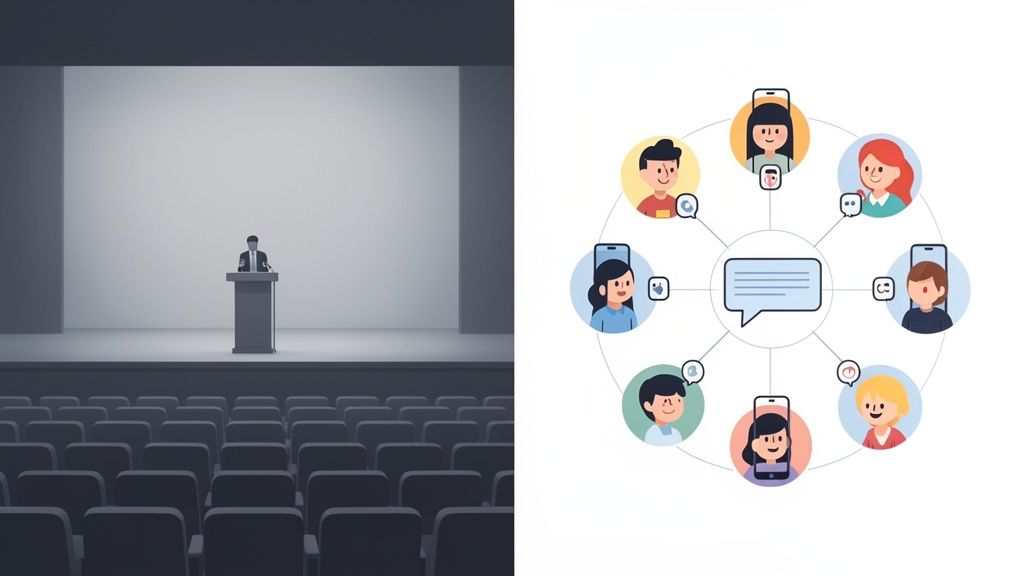 A contrast between a speaker at a podium and a virtual online meeting with multiple participants.