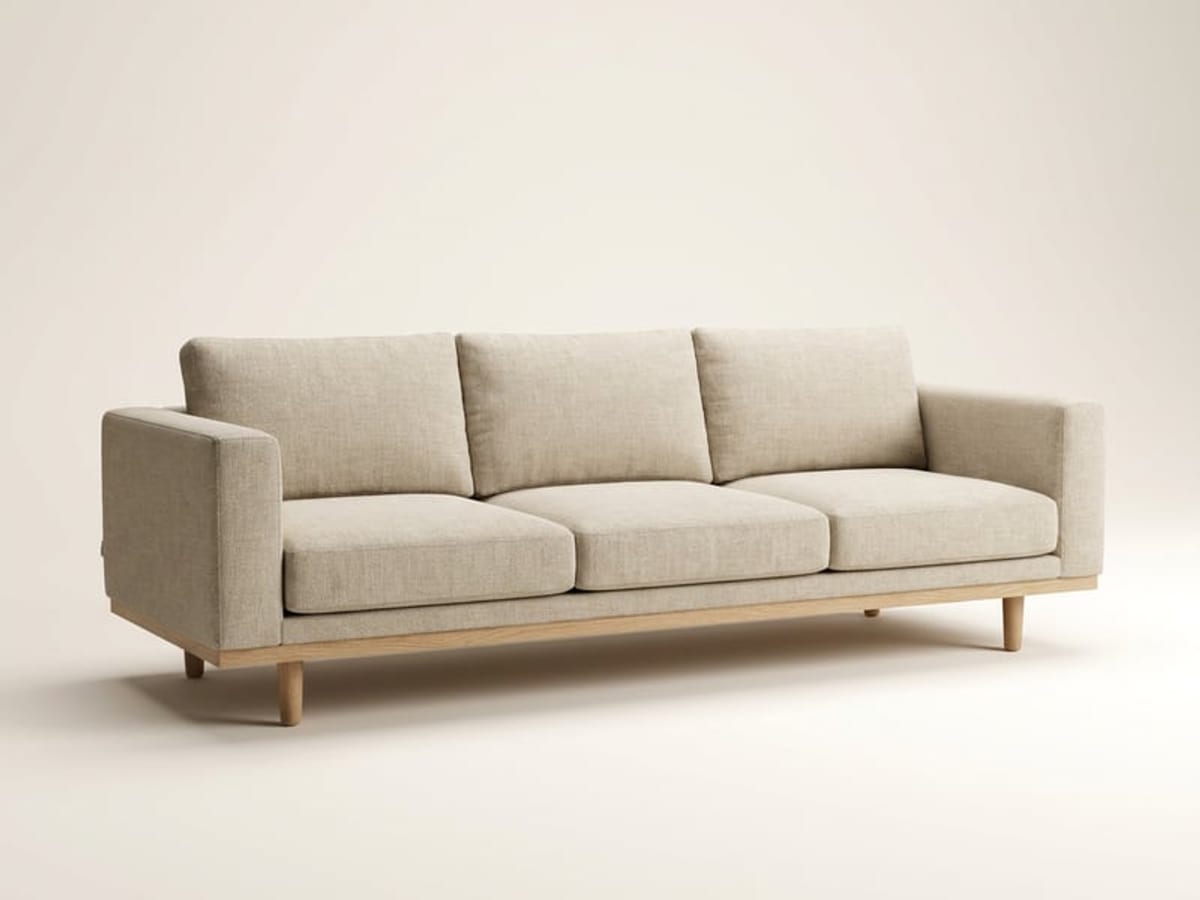 Dreisitzer-Sofa mit beigem Stoffbezug, drei Rückenkissen und Sockel mit Füßen aus hellem Holz vor hellem Hintergrund