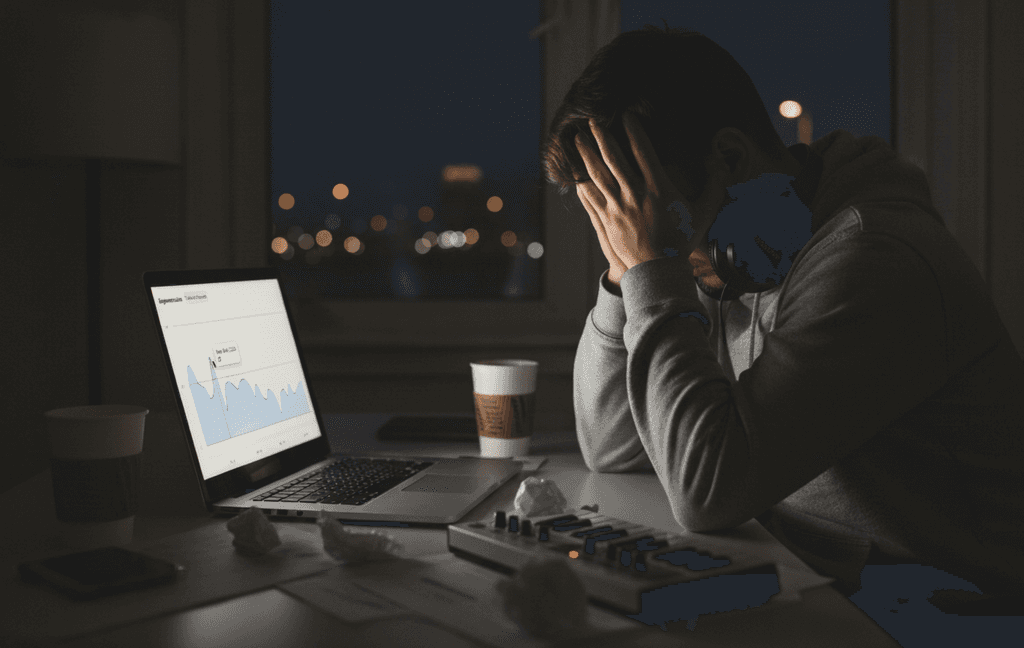 Artist at a laptop at night, head in hands