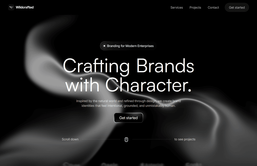 Homepage design on a black background with soft white and gray smoke elements.