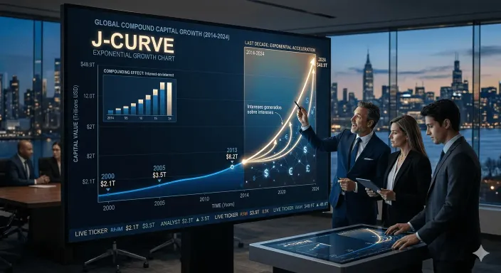 Curva exponencial de crecimiento patrimonial generada por el interés compuesto y aportaciones sistemáticas.