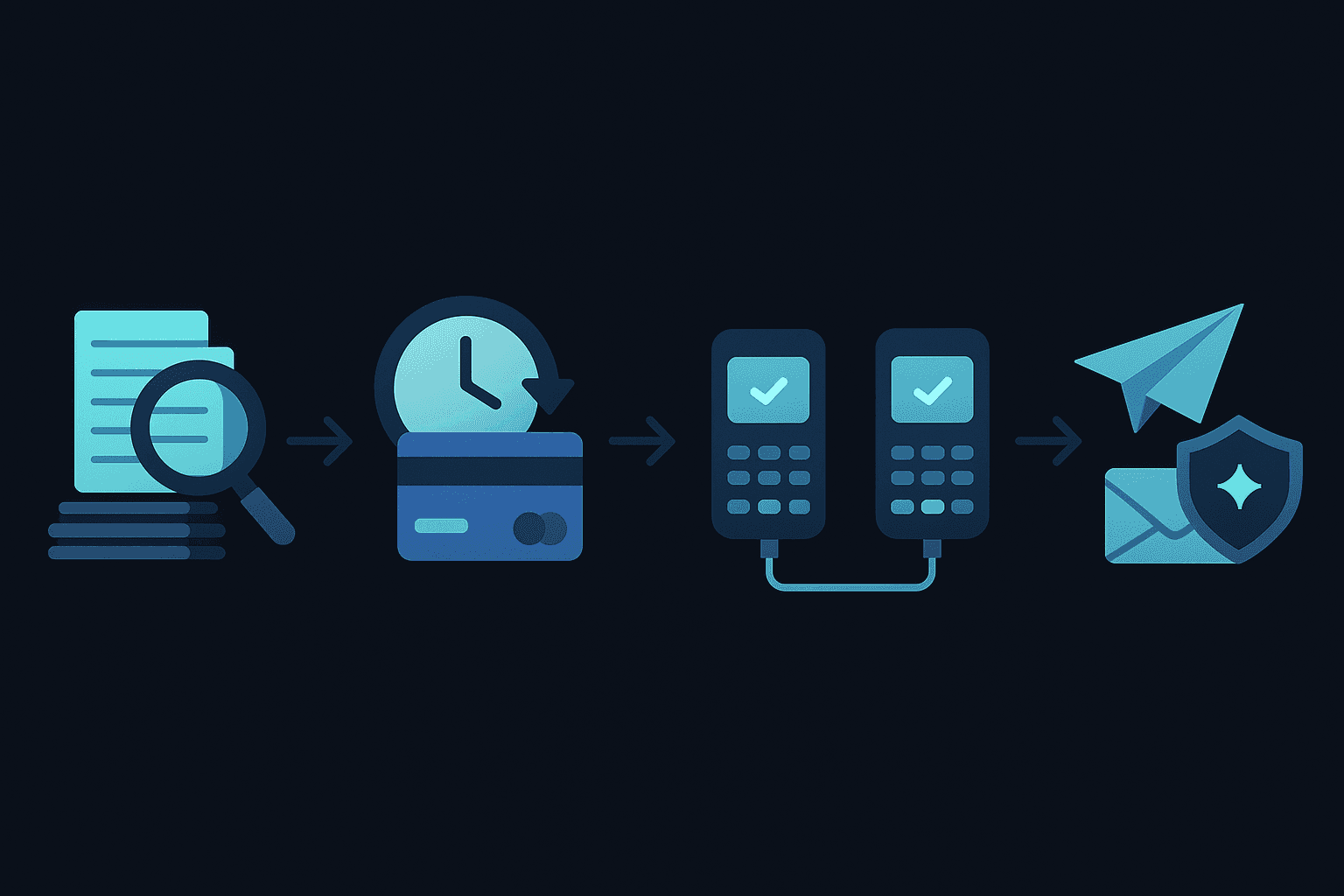 Four-stage flow chart showing audit, smart retries, dynamic routing, and outreach to clear payment backlog