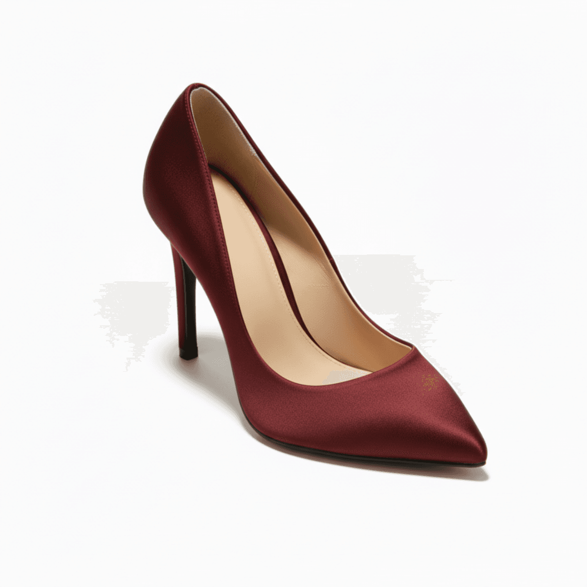 Red Corbell satin pointed-toe stiletto heel with smooth finish and elegant silhouette.