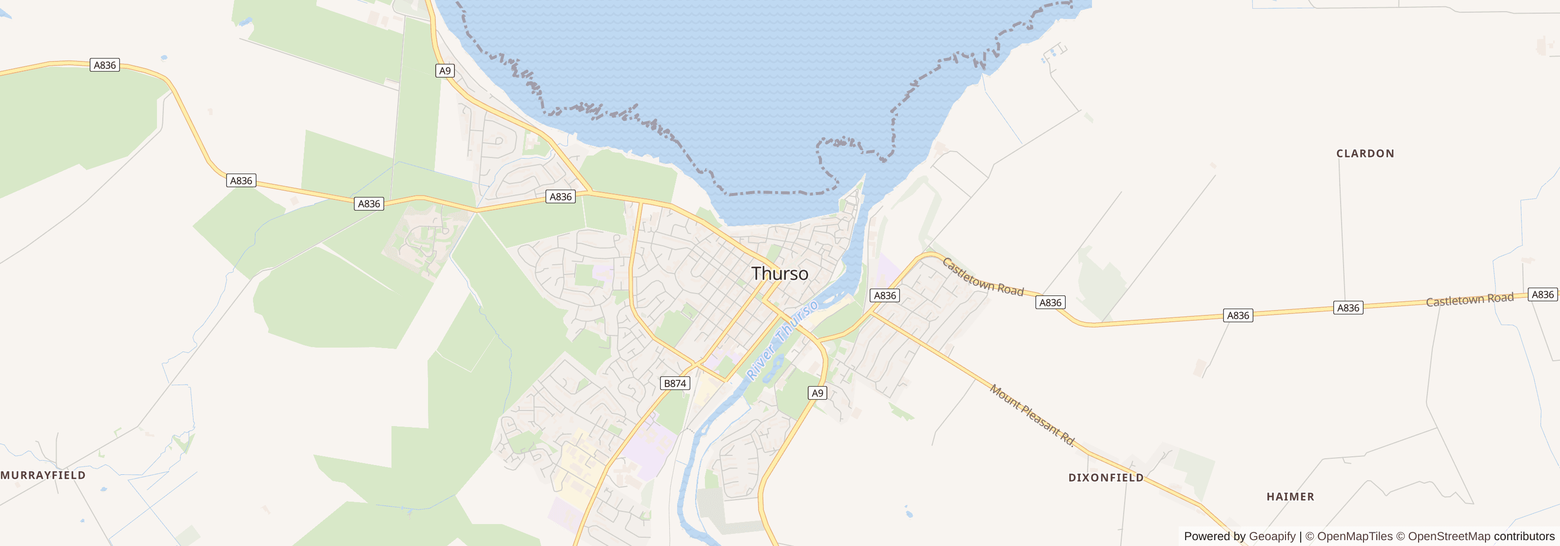 Street map of Thurso, Highland showing main roads and nearby areas
