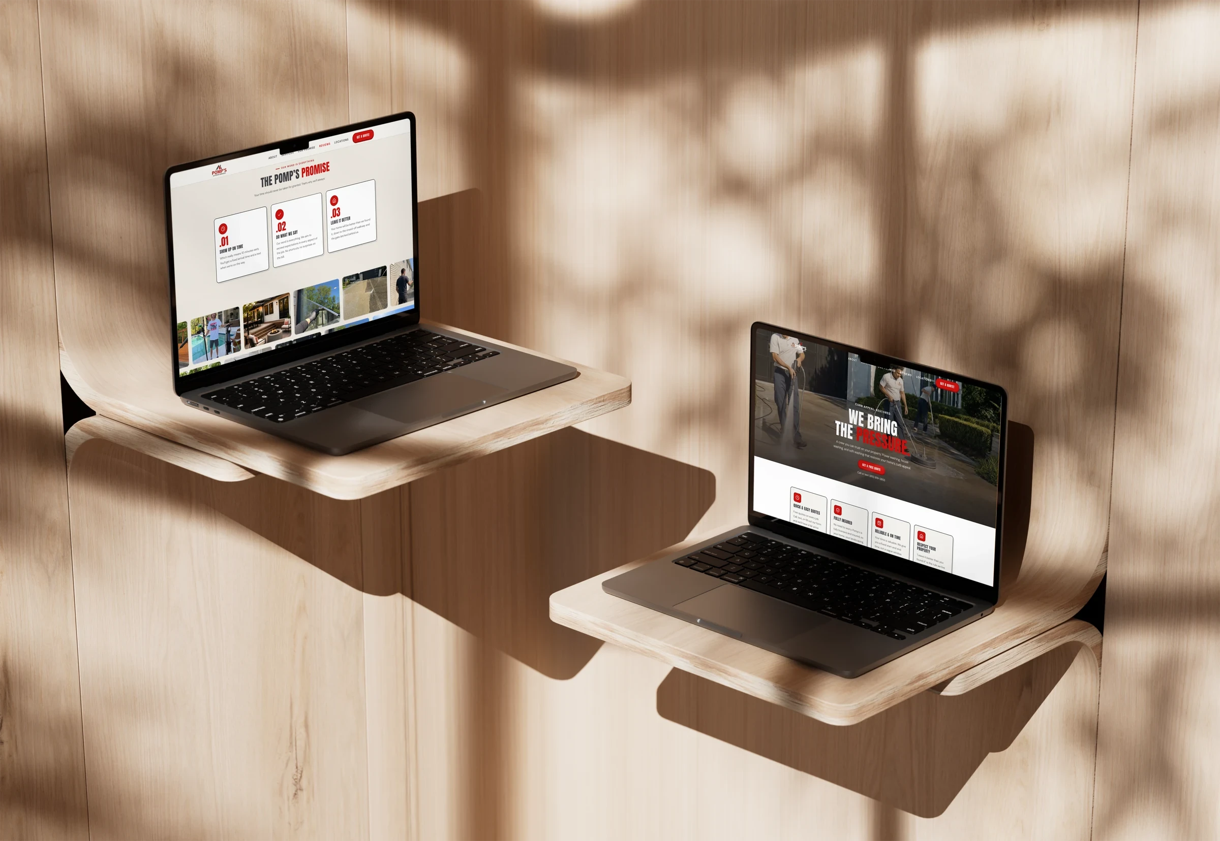 Pomps Exterior Cleaning website on two laptop mockups