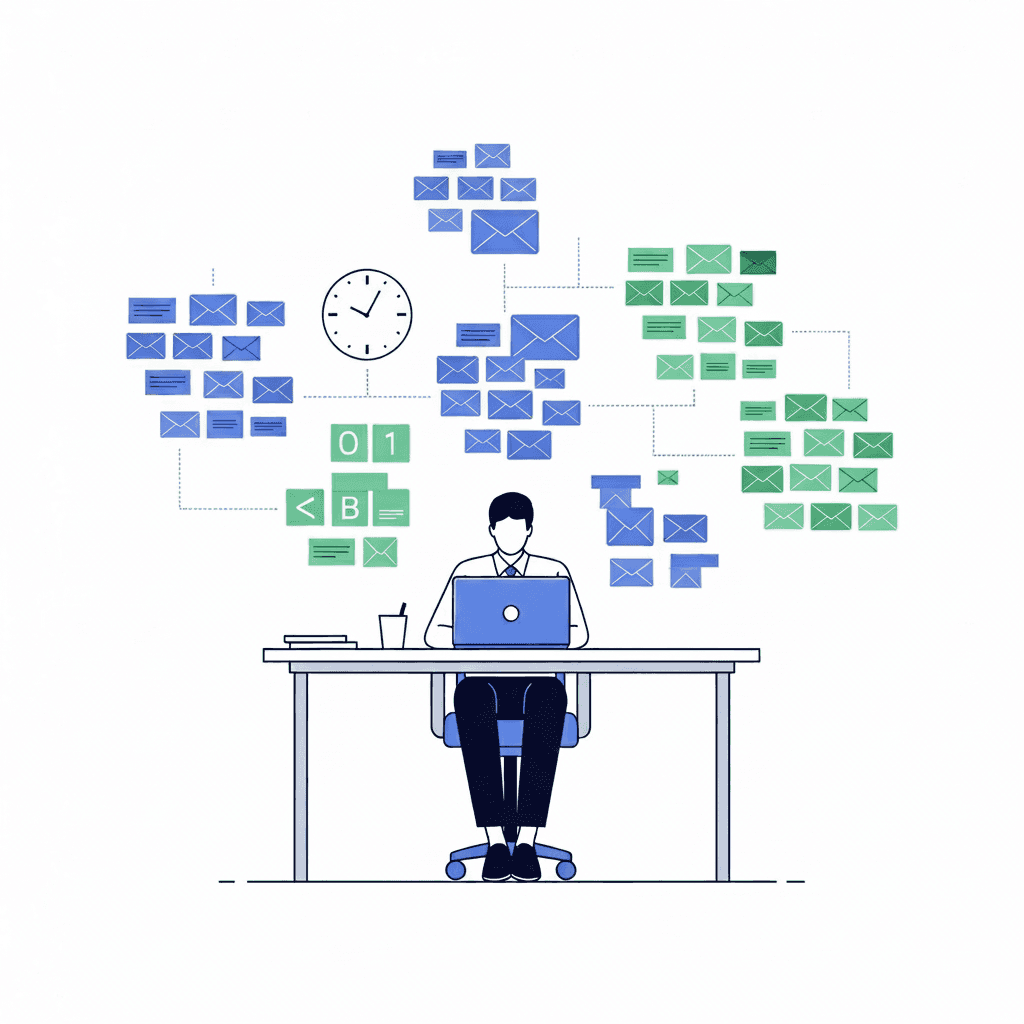 A modern, minimalist illustration showing focused email workflow and batch processing concept. Central figure of a professional at a clean desk with a single open laptop, surrounded by organized floating email icons grouped into distinct batches or clusters. Use a calm color palette with blues and greens. Show clock or time block elements to represent scheduled email sessions. The scene should convey order, control, and focused productivity rather than chaos. Professional business setting aesthetic, digital productivity theme with a sense of calm efficiency.