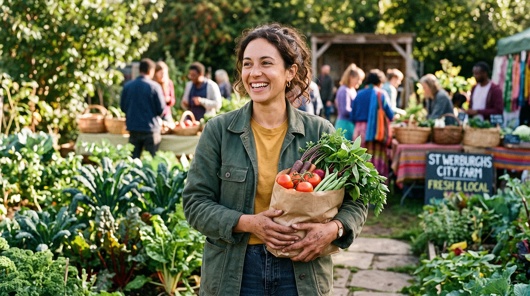 Gen Z woman smiling holding paper bag of fresh local vegetables at St Werburghs City Farm market - sustainable sourcing