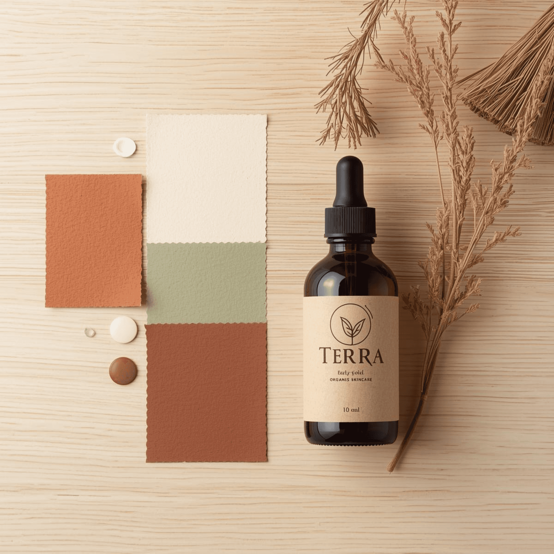 Identidad visual orgánica para la marca de cuidado de la piel 'Terra'. Una composición flat-lay que muestra un frasco de vidrio ámbar con etiqueta de papel kraft rústico, acompañado de su paleta de colores en tonos tierra (terracota, verde salvia, crema) y elementos botánicos secos.