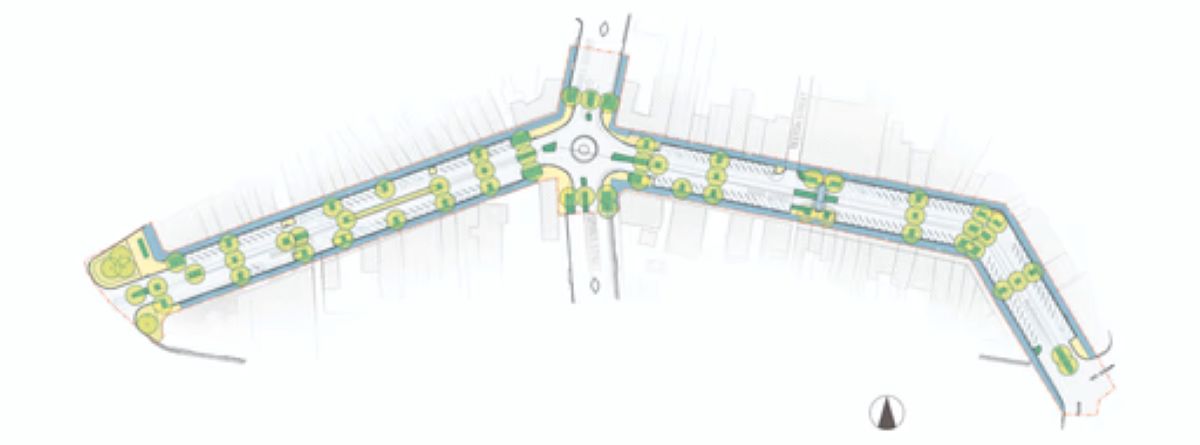 UMINEX design management and engineering planning drawing showing traffic, pedestrian, and streetscape layout for Main Street revitalisation project