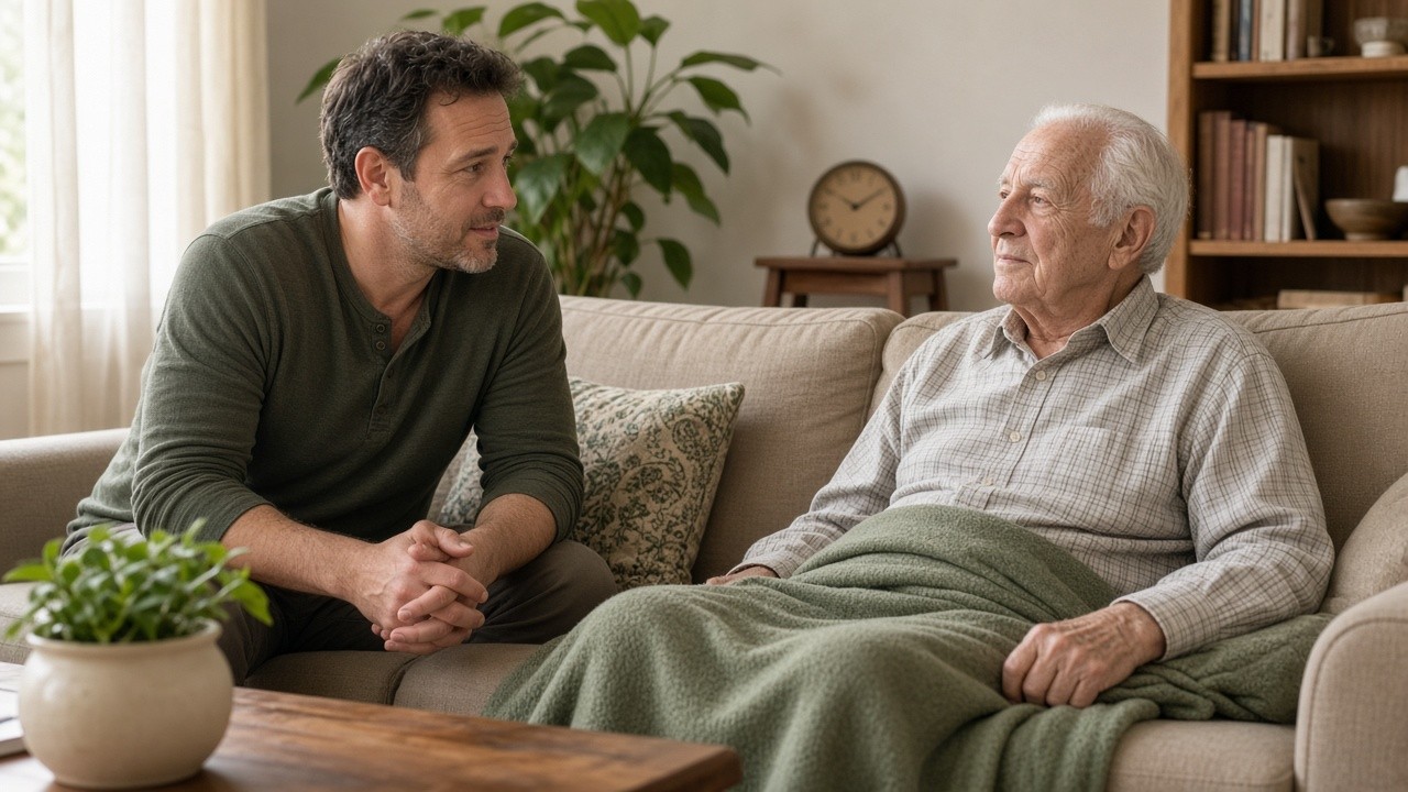 The image depicts an adult man attentively talking to an elderly man who is seated on a couch covered with a green blanket. The setting is a cozy living room with a potted plant on a table in the foreground, a clock on a small table in the background, and a bookshelf. The interaction appears supportive and serious, suggesting a conversation regarding care or health decisions, potentially related to in-home care for dementia or elderly care planning. This image can be used to illustrate family decision-making about elder care in educational or healthcare materials.