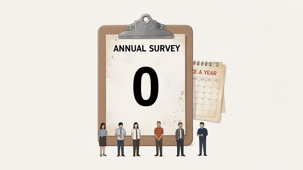 An illustration featuring a clipboard with 'Annual Survey' and a large number '0', six employees, and a calendar.