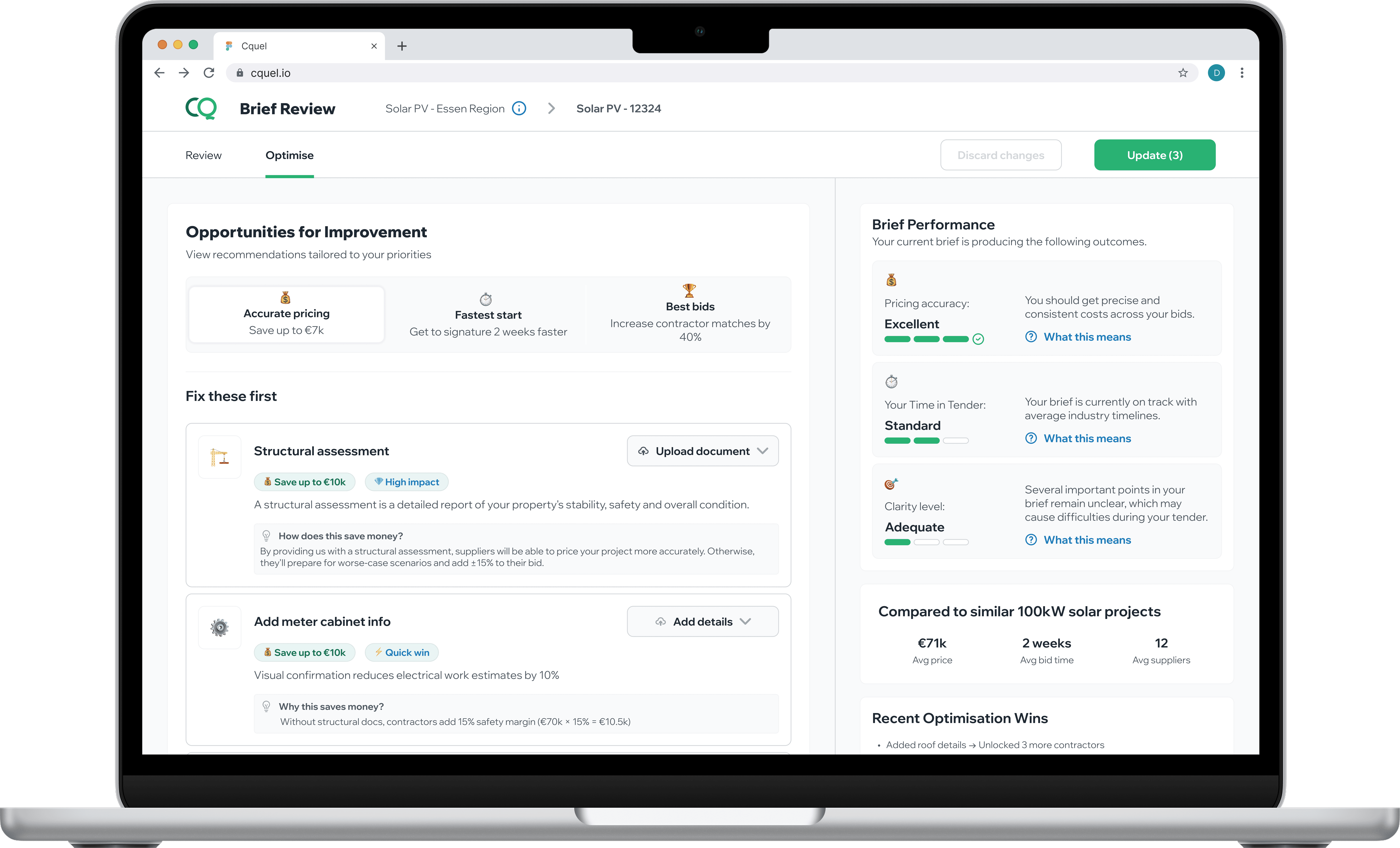 CQuel Brief Builder interface - Optimize view with improvement recommendations and performance metrics